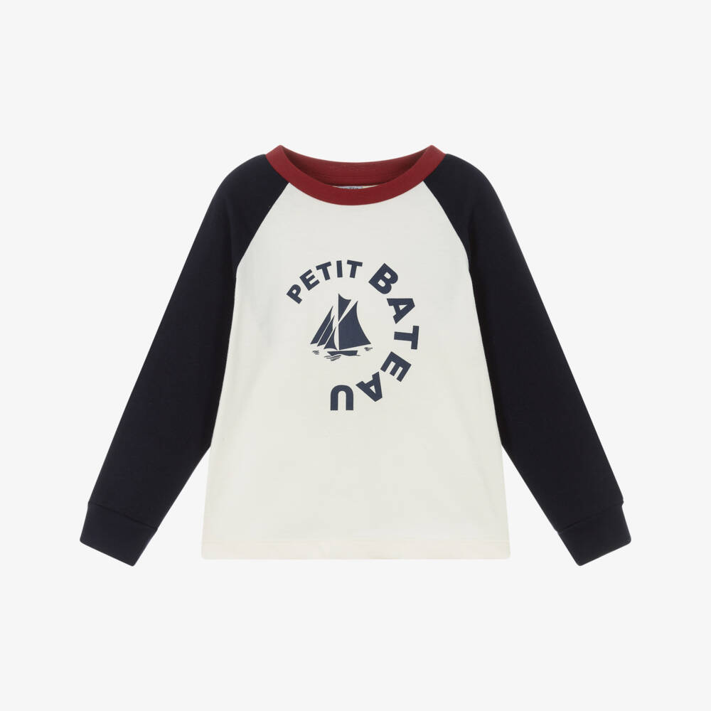Petit Bateau-Ivory & Navy Logo Ls T-shirt | Childrensalon Outlet