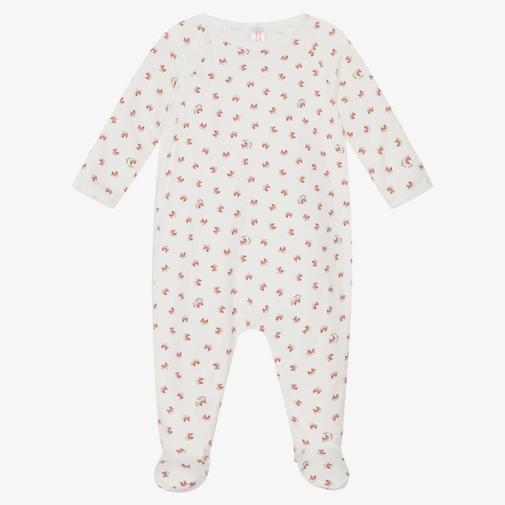 Petit Bateau - Ivory Organic Cotton Fox Print Babygrow | Childrensalon