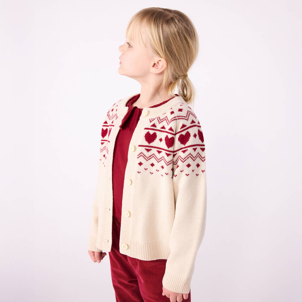 Petit Bateau-Ivory & Red Hearts Cardigan | Childrensalon Outlet