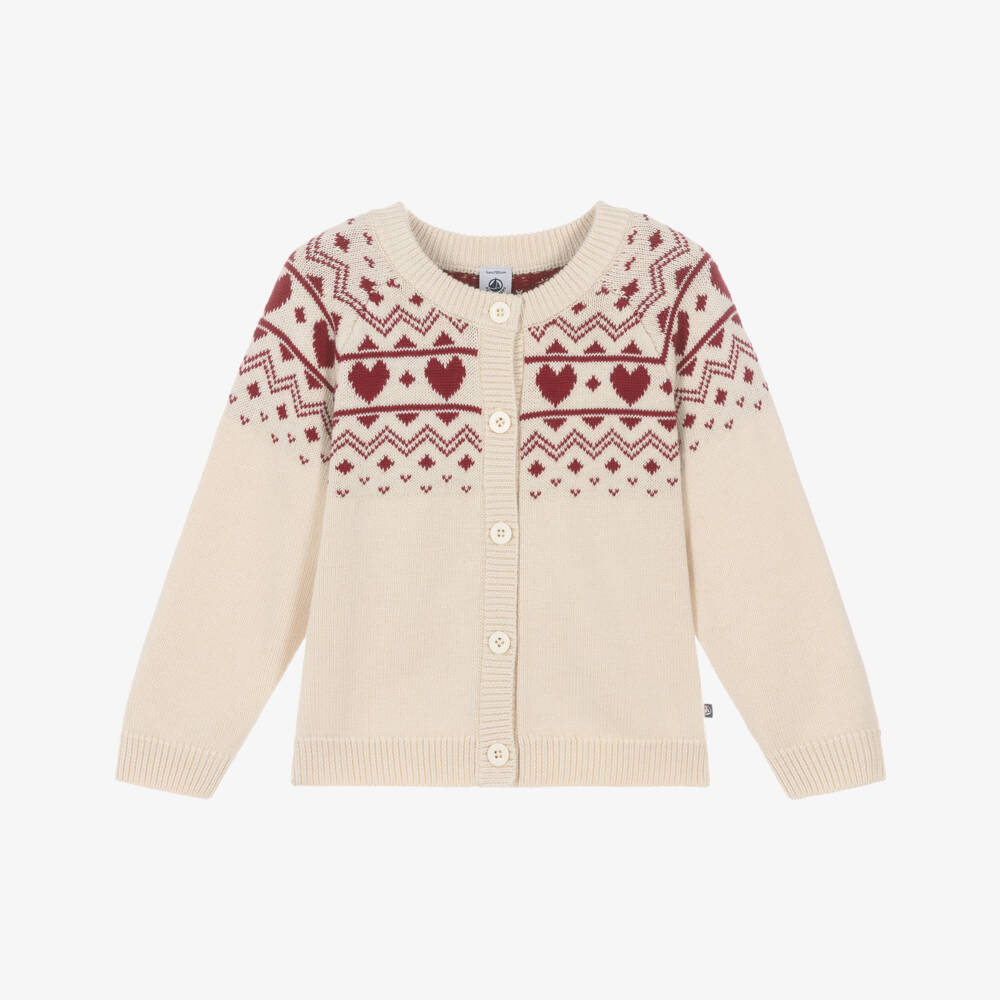 Petit Bateau-Ivory & Red Hearts Cardigan | Childrensalon Outlet
