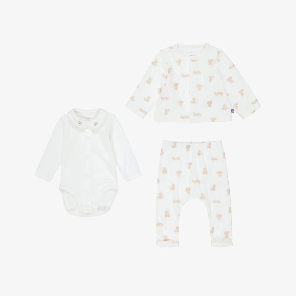 Petit Bateau-Ivory Teddy Print Cotton Baby Trouser Set | Childrensalon Outlet