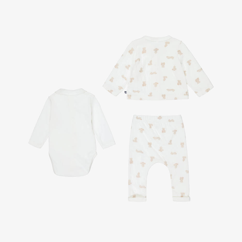 Petit Bateau-Ivory Teddy Print Cotton Baby Trouser Set | Childrensalon Outlet