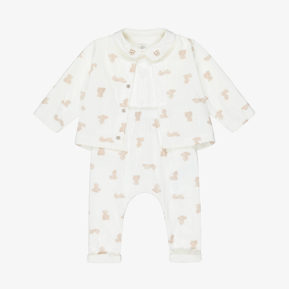 Petit Bateau-Ivory Teddy Print Cotton Baby Trouser Set | Childrensalon Outlet