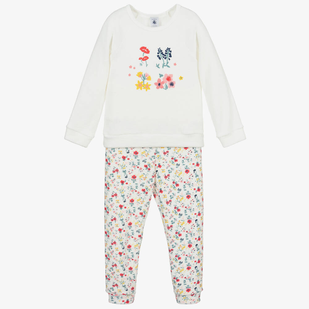 Petit Bateau - Ivory Towelling Floral Pyjamas | Childrensalon