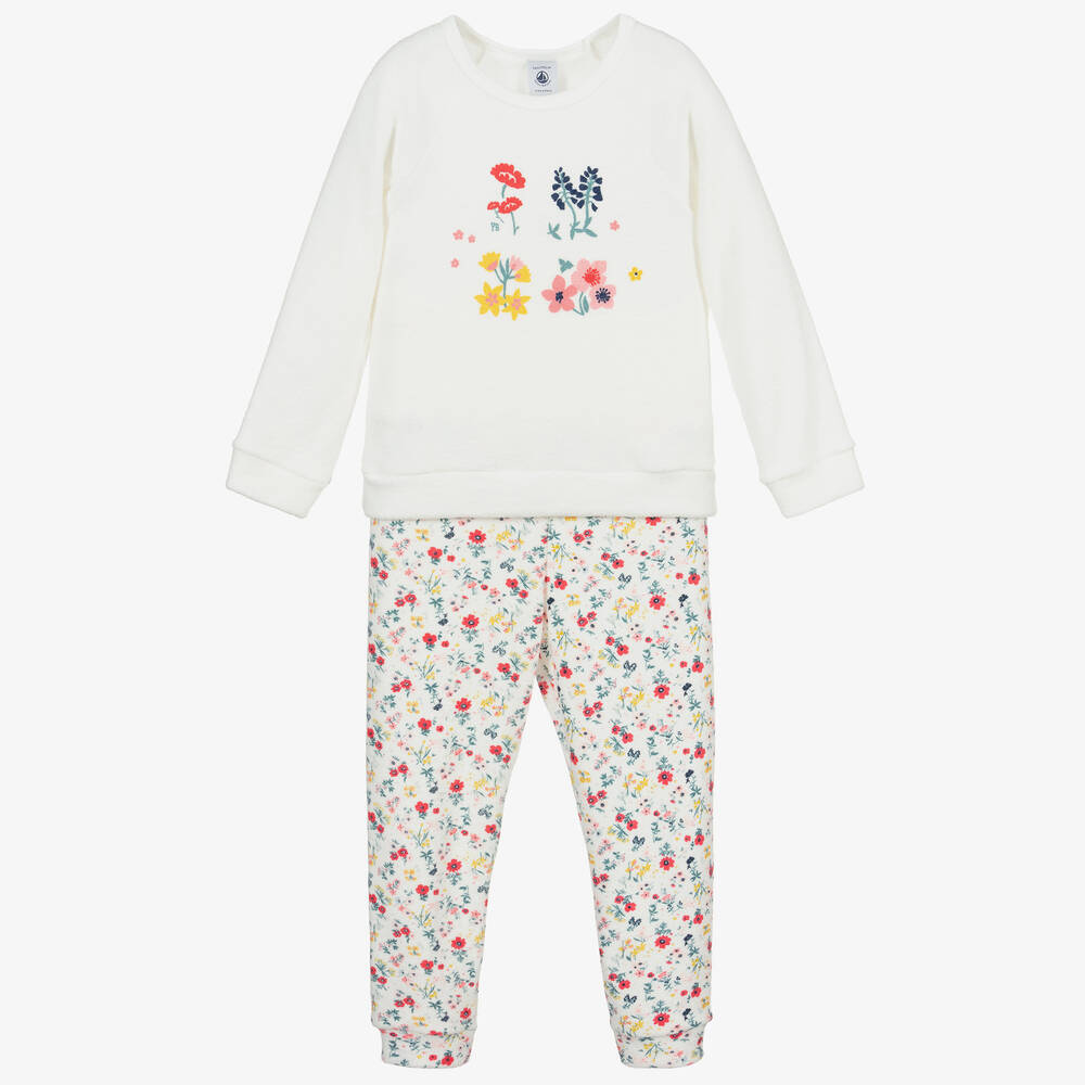 Petit Bateau - Elfenbeinfarben geblümter Pyjama aus Frottee | Childrensalon