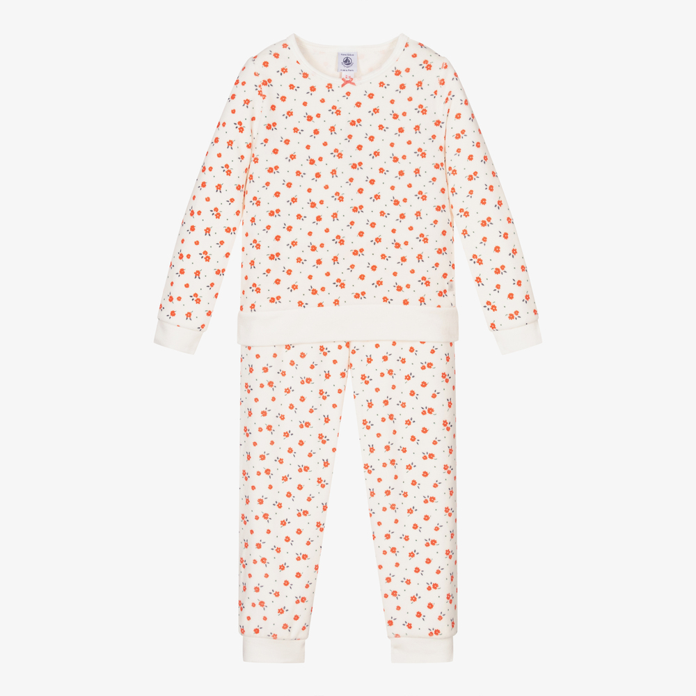 Petit Bateau - Elfenbeinfarbener Velours-Pyjama mit Blumenmuster | Childrensalon