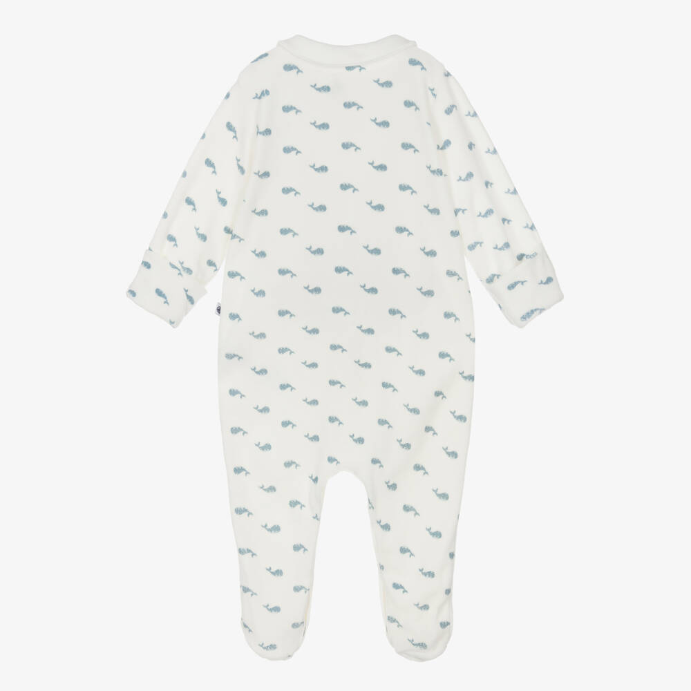 Petit Bateau-Ivory Velour Whale Print Babygrow | Childrensalon Outlet