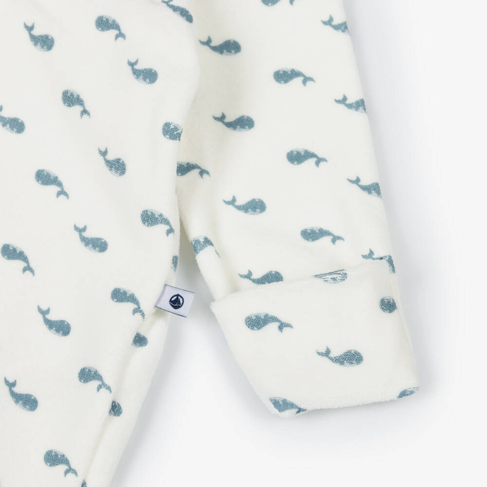 Petit Bateau-Ivory Velour Whale Print Babygrow | Childrensalon Outlet