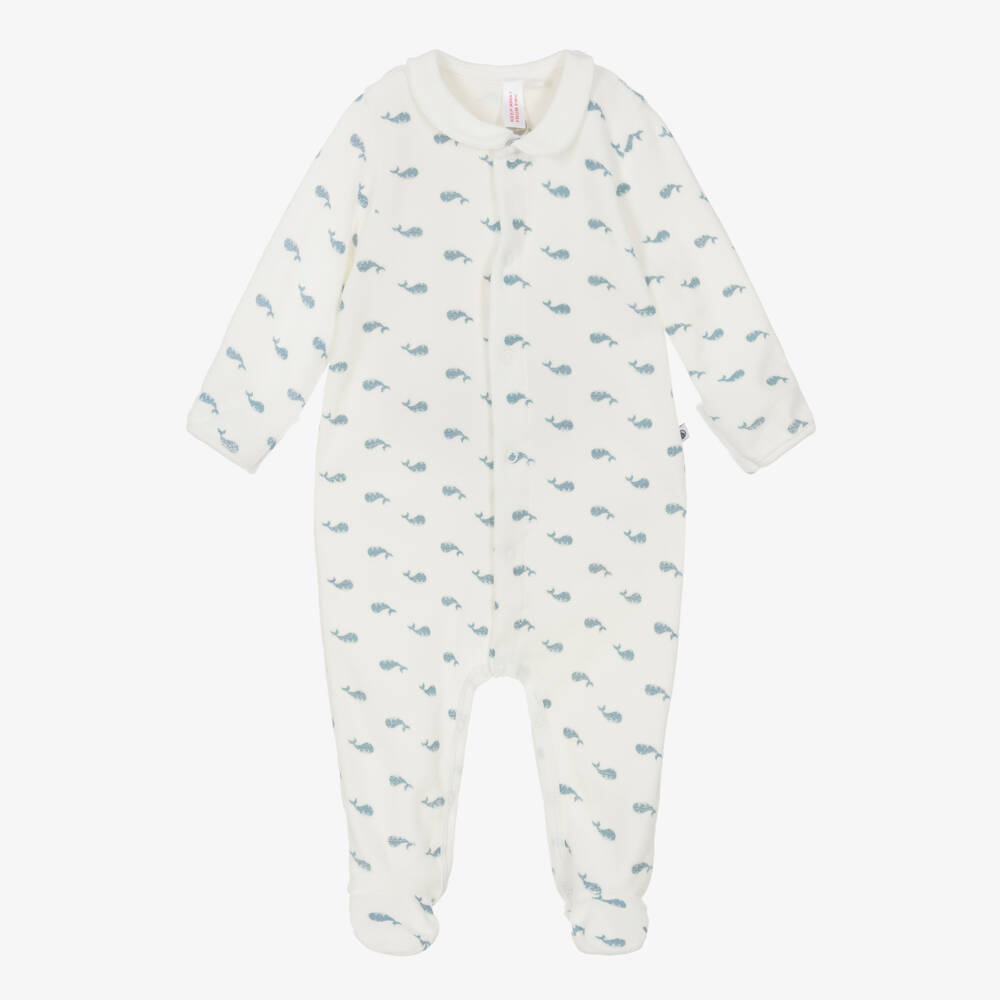 Petit Bateau-Ivory Velour Whale Print Babygrow | Childrensalon Outlet
