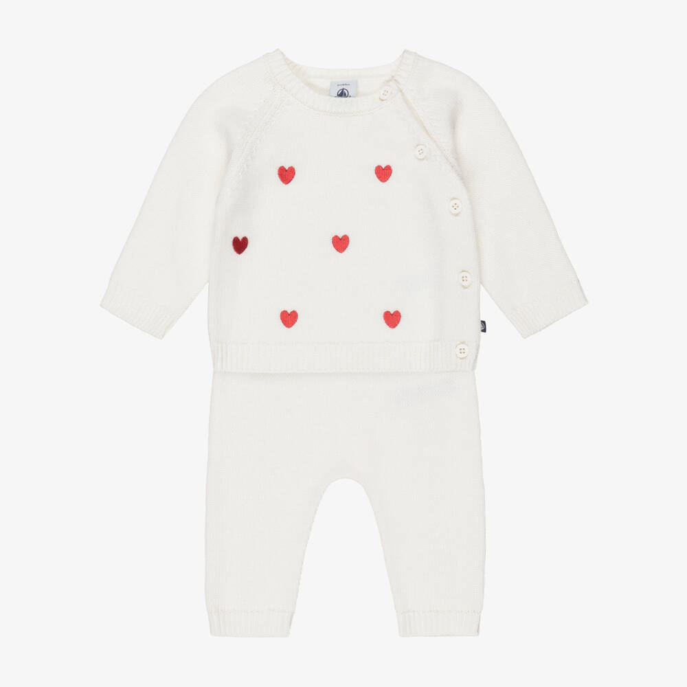 Petit Bateau-Ivory Wool & Cotton Knit Baby Trouser Set with Red Embroidered Hearts | Childrensalon Outlet