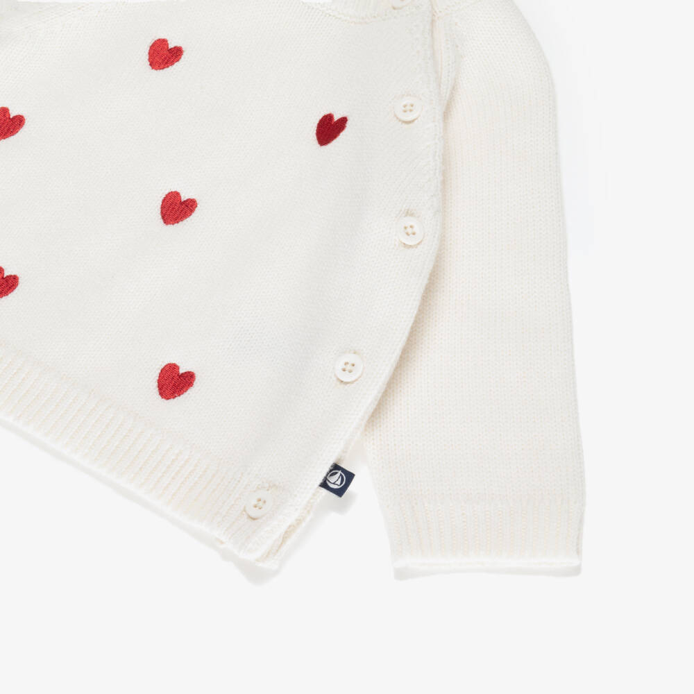 Petit Bateau-Ivory Wool & Cotton Knit Baby Trouser Set with Red Embroidered Hearts | Childrensalon Outlet