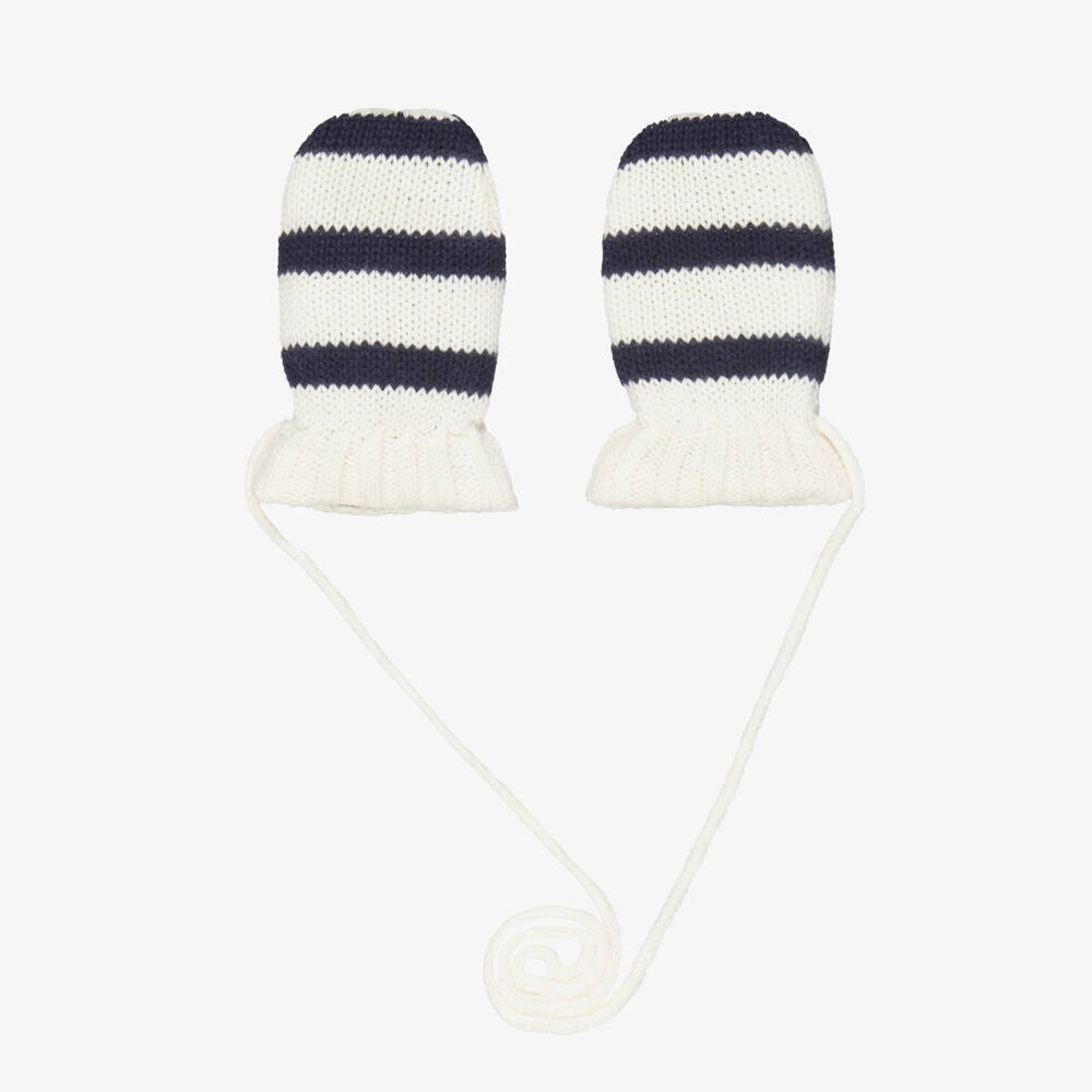 Petit Bateau-Navy Blue & Ivory Striped Cotton Knit Mittens | Childrensalon Outlet