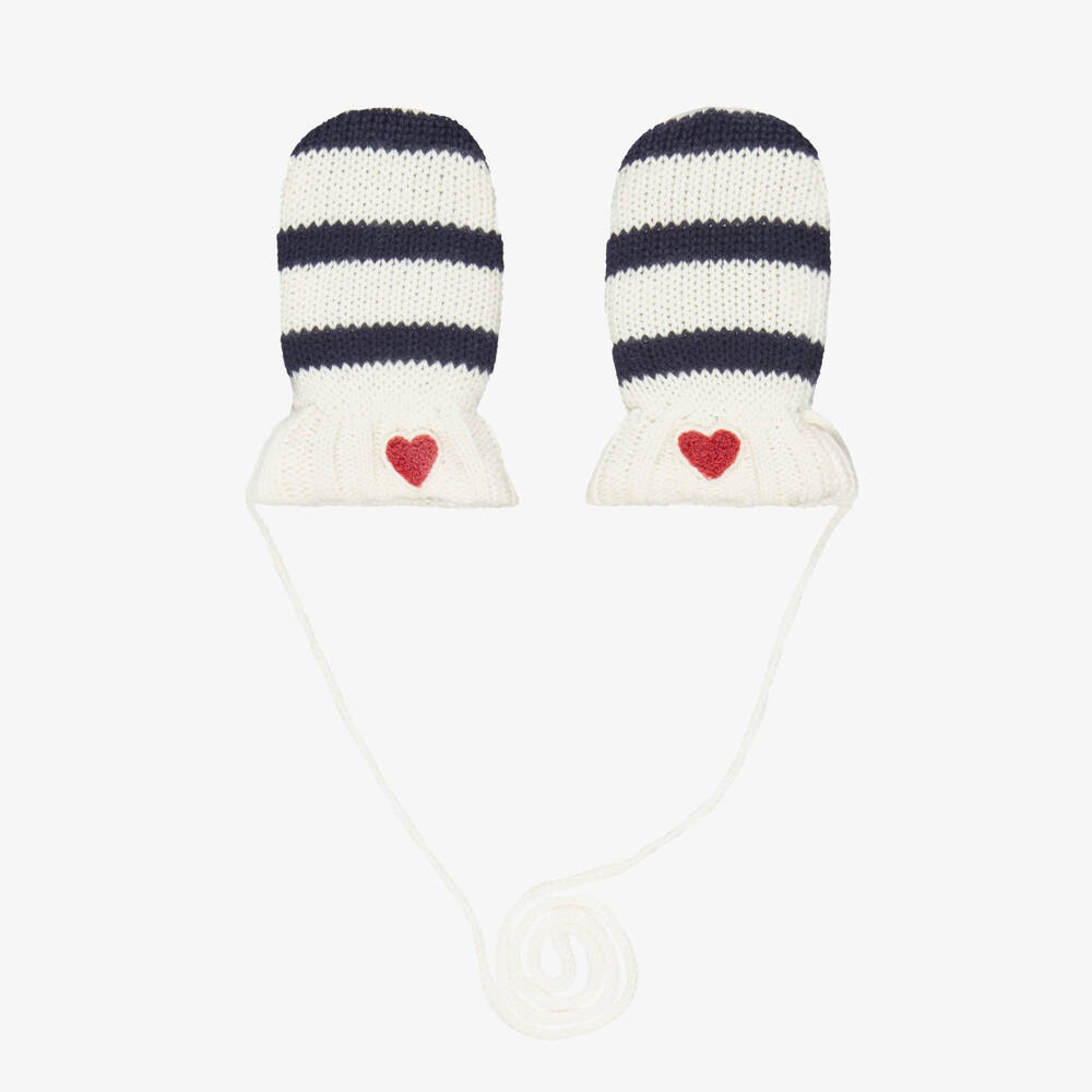 Petit Bateau-Navy Blue & Ivory Striped Cotton Knit Mittens | Childrensalon Outlet