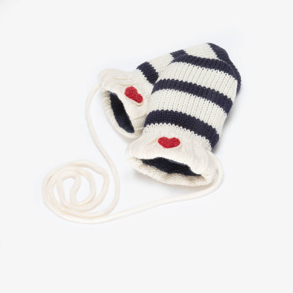 Petit Bateau-Navy Blue & Ivory Striped Cotton Knit Mittens | Childrensalon Outlet