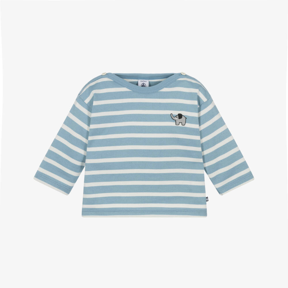 Petit Bateau-Pale Blue Cotton Breton Striped Top | Childrensalon Outlet
