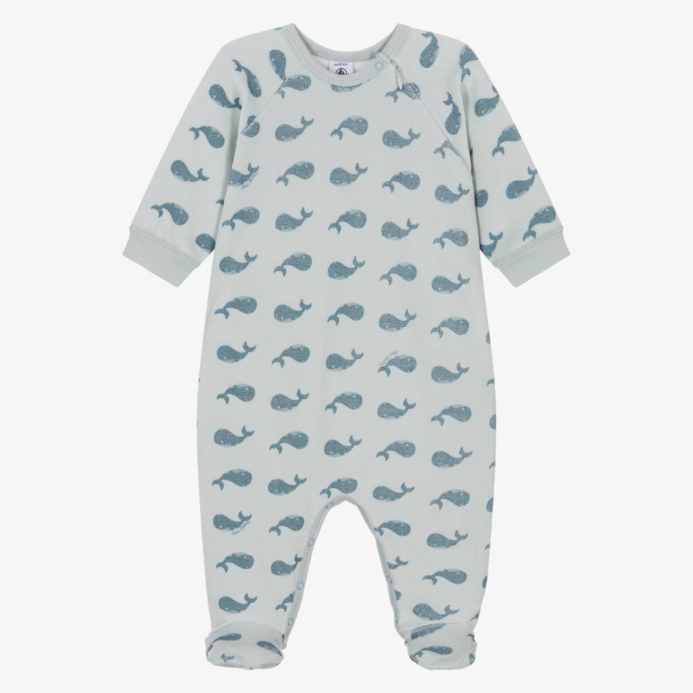 Petit Bateau-Pale Blue Organic Cotton Whale Babygrow | Childrensalon Outlet