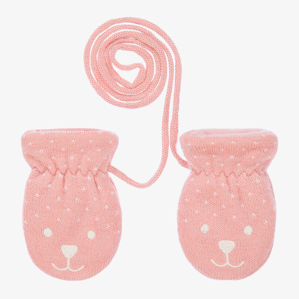 Petit Bateau - Pink Bear Wool Baby Mittens | Childrensalon