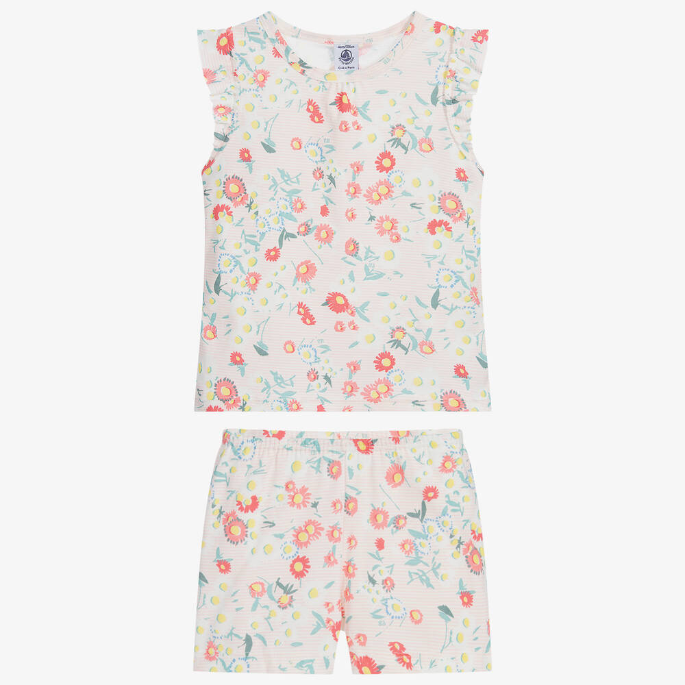 Petit Bateau-بيجاما شورت قطن لون زهري و عاجي للبنات | Childrensalon Outlet