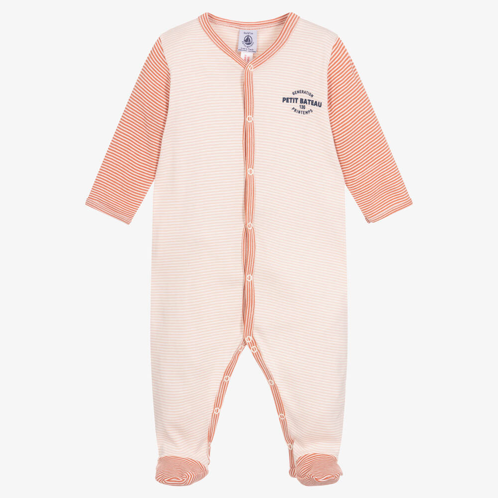 Petit Bateau - Pink Organic Cotton Striped Babygrow | Childrensalon