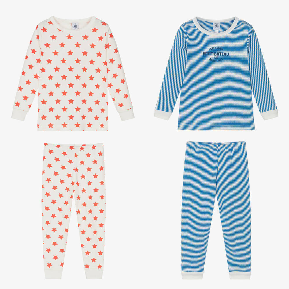 بتي باتو-بيجاما قطن عضوي لون عاجي وأزرق بطبعة نجوم (عدد 2) | Childrensalon Outlet