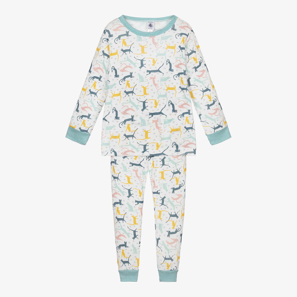 Petit Bateau - Pyjama mit Katzen-Print in Weiß und Blau | Childrensalon