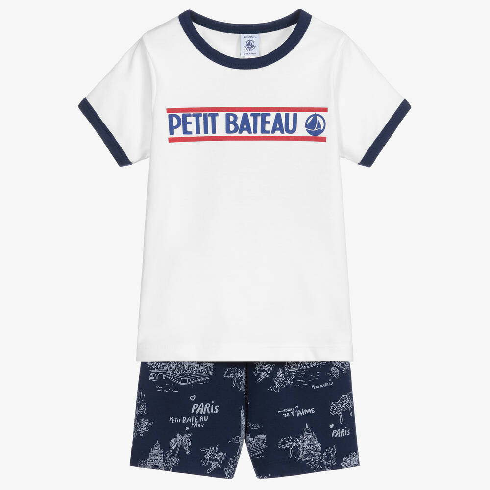 Petit Bateau - Pyjama short blanc et bleu | Childrensalon