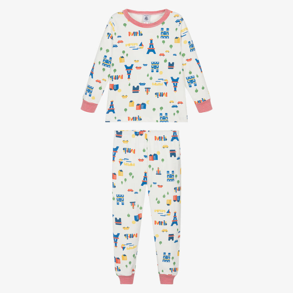 Petit Bateau-White Cotton Jersey Long Pyjamas with Paris Print | Childrensalon Outlet
