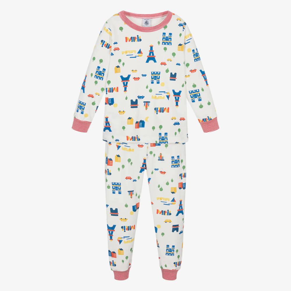 Petit Bateau-White Cotton Jersey Long Pyjamas with Paris Print | Childrensalon Outlet
