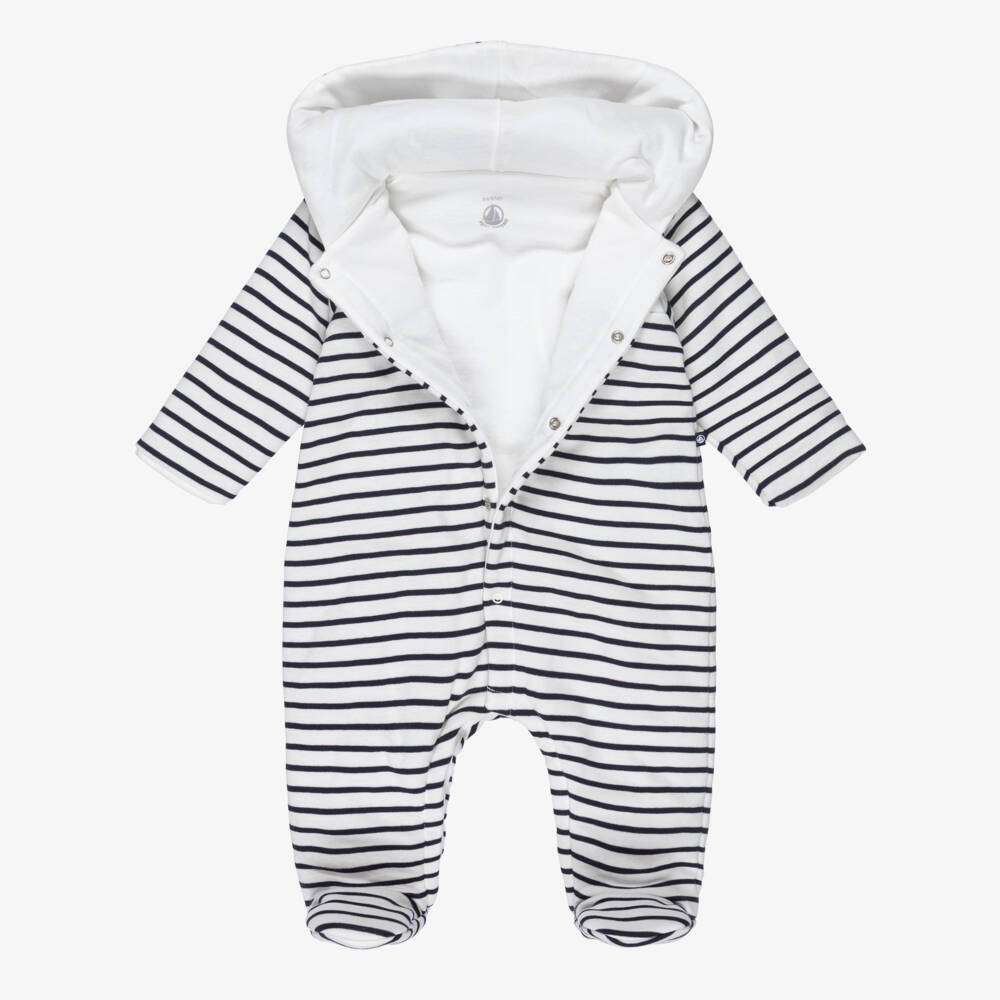 Petit Bateau-White & Navy Blue Breton Stripe Padded Cotton Pramsuit | Childrensalon Outlet