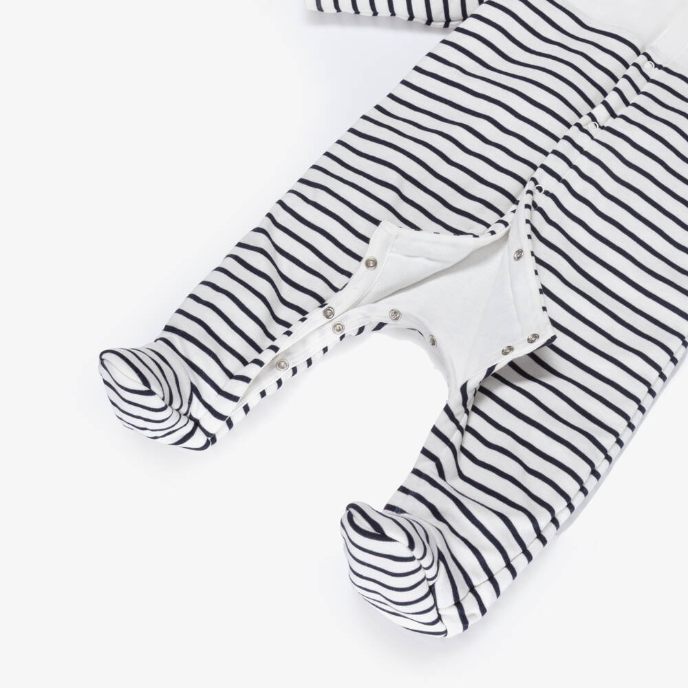 Petit Bateau-White & Navy Blue Breton Stripe Padded Cotton Pramsuit | Childrensalon Outlet