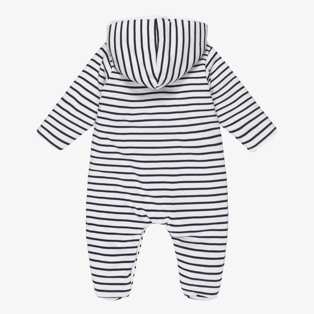 Petit Bateau-White & Navy Blue Breton Stripe Padded Cotton Pramsuit | Childrensalon Outlet