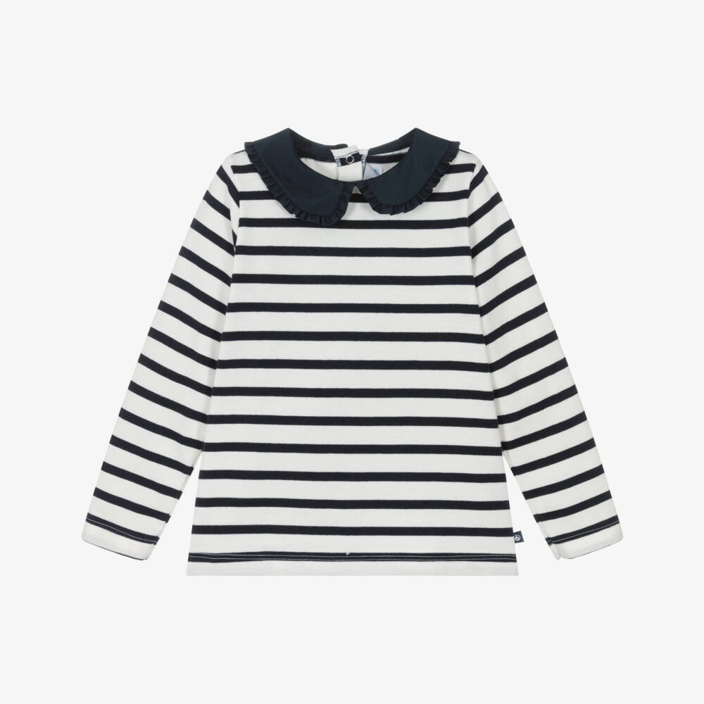Petit Bateau-White & Navy Stripe Ls Top | Childrensalon Outlet