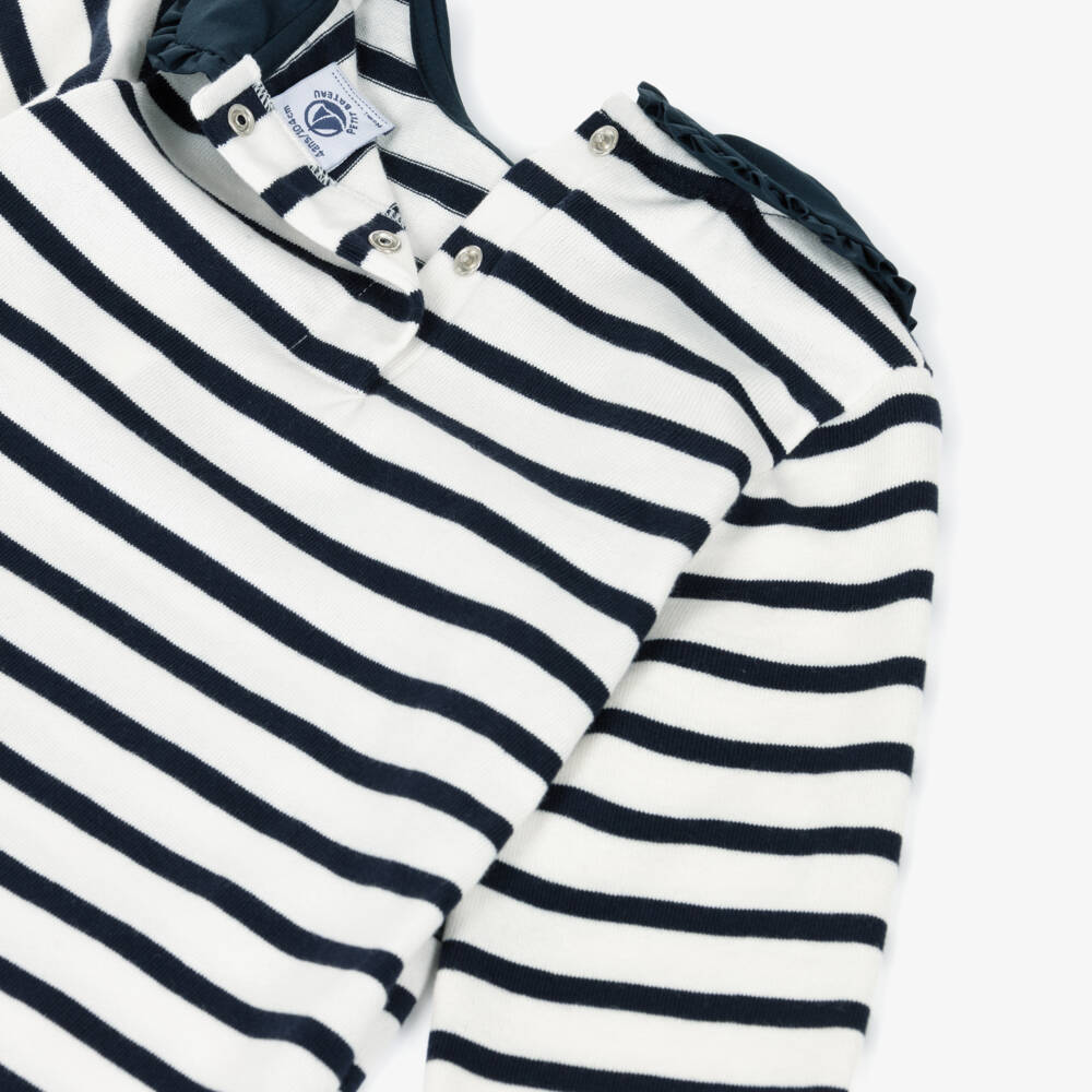 Petit Bateau-White & Navy Stripe Ls Top | Childrensalon Outlet