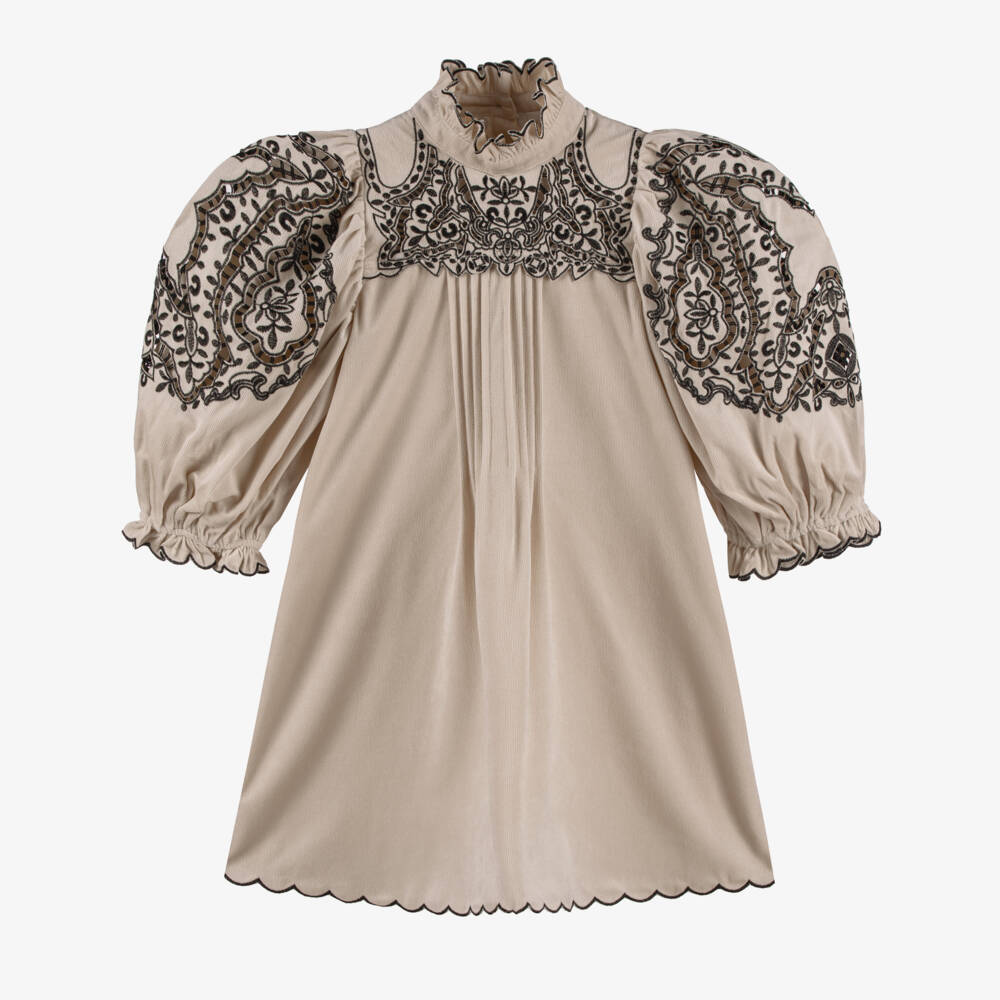 Petite Amalie-Girls Beige Dress with Black Embroidery | Childrensalon Outlet