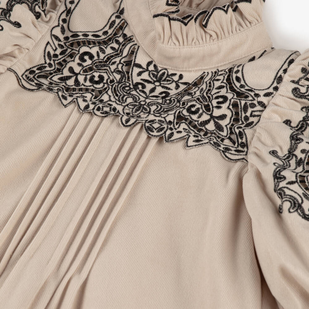 Petite Amalie-Girls Beige Dress with Black Embroidery | Childrensalon Outlet