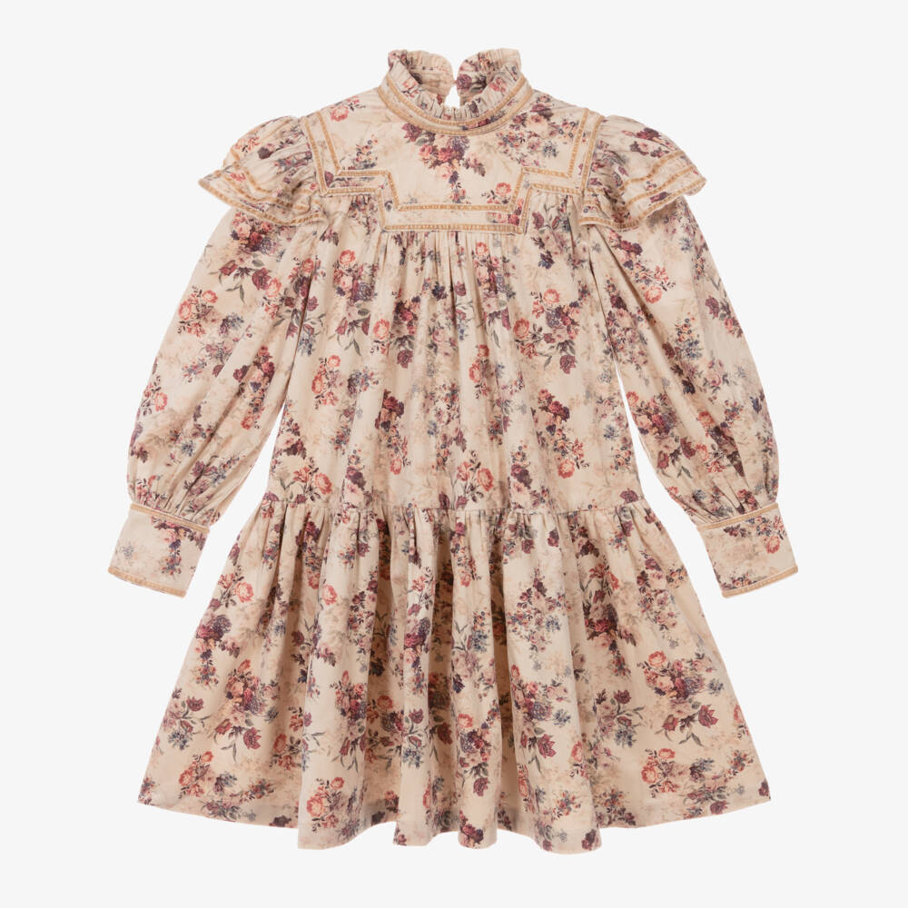 Petite Amalie-Girls Beige Floral Ruffle Dress | Childrensalon Outlet