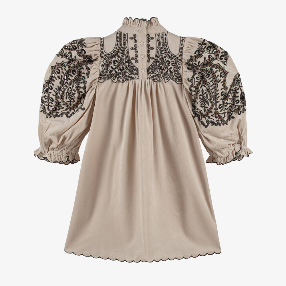 Petite Amalie-Girls Beige Needlecord Dress with Black Cutwork & Embroidery | Childrensalon Outlet