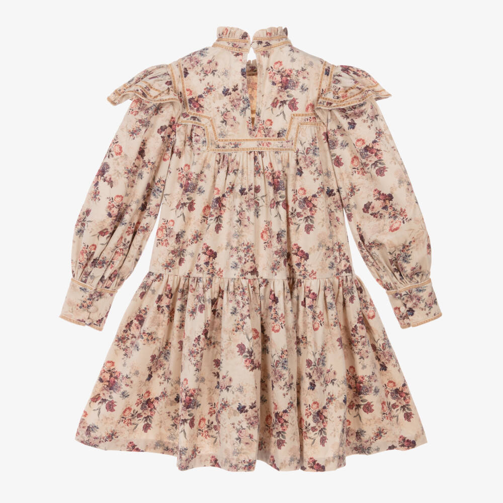 Petite Amalie-Girls Beige Needlecord Floral Print Dress | Childrensalon Outlet