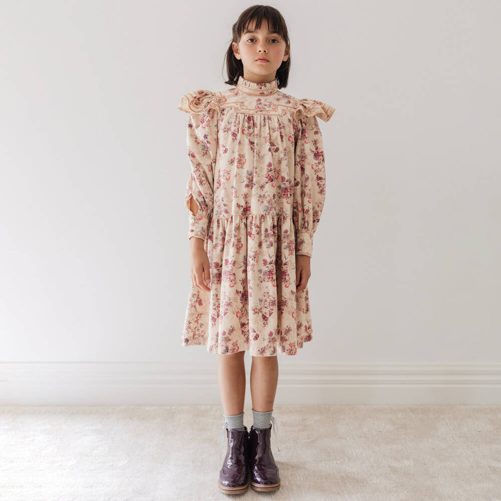 Petite Amalie-Girls Beige Needlecord Floral Print Dress | Childrensalon Outlet