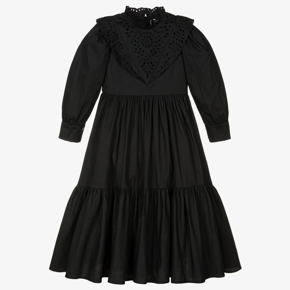 Petite Amalie - Girls Black Cotton High Neck Dress | Childrensalon