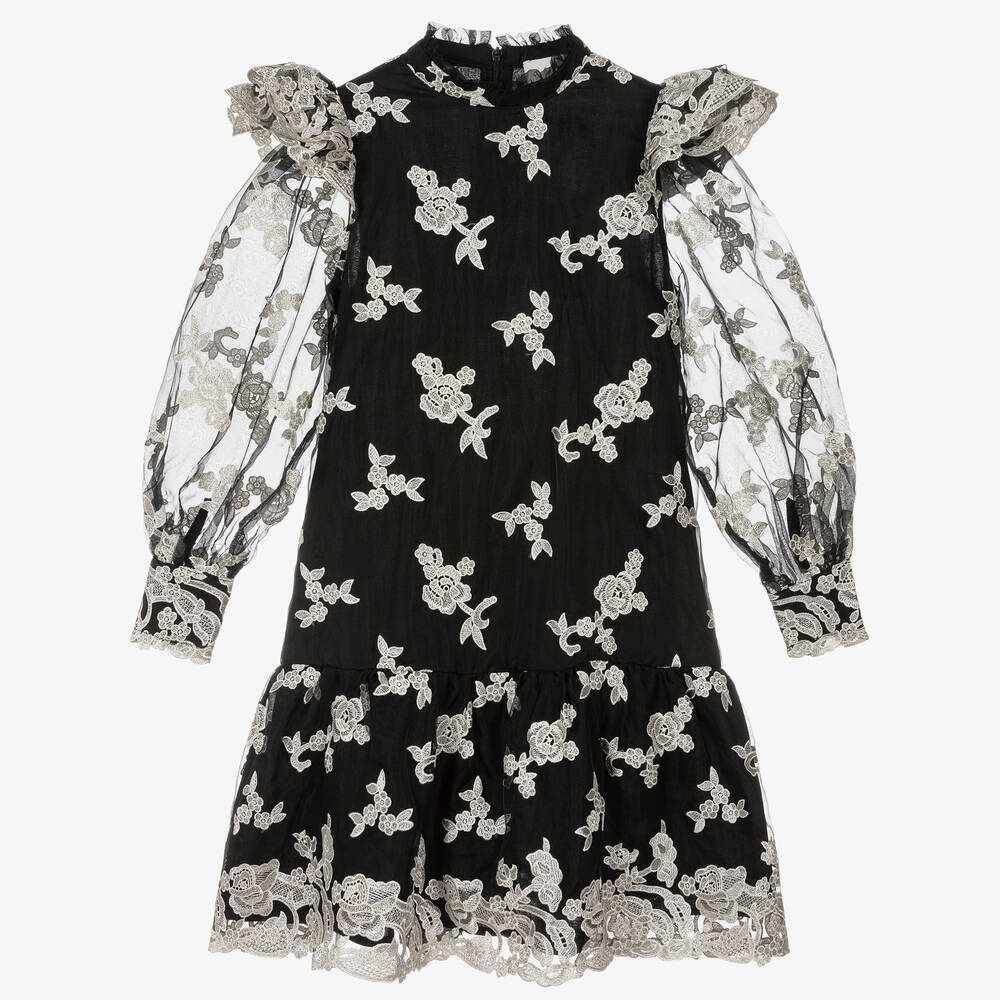 Petite Amalie - Girls Black Embroidered Organza Dress | Childrensalon