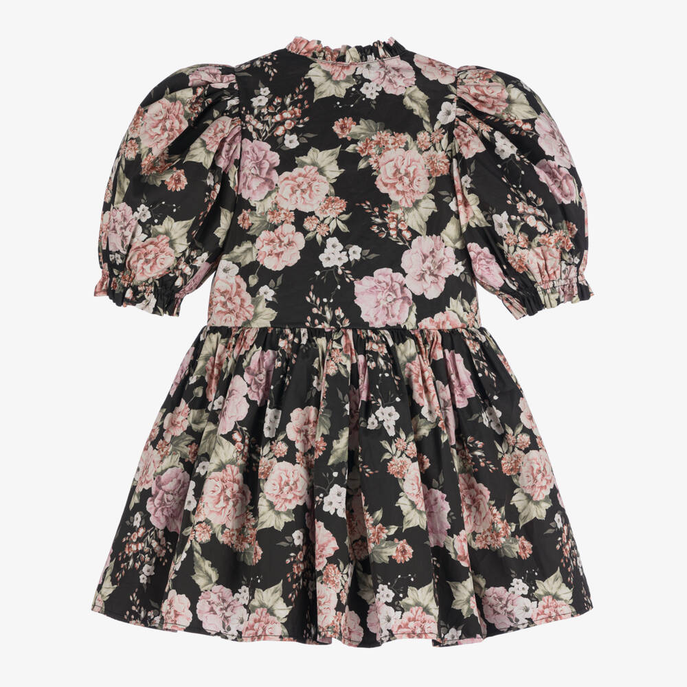 Petite Amalie-Girls Black Floral Puff Sleeve Dress | Childrensalon Outlet