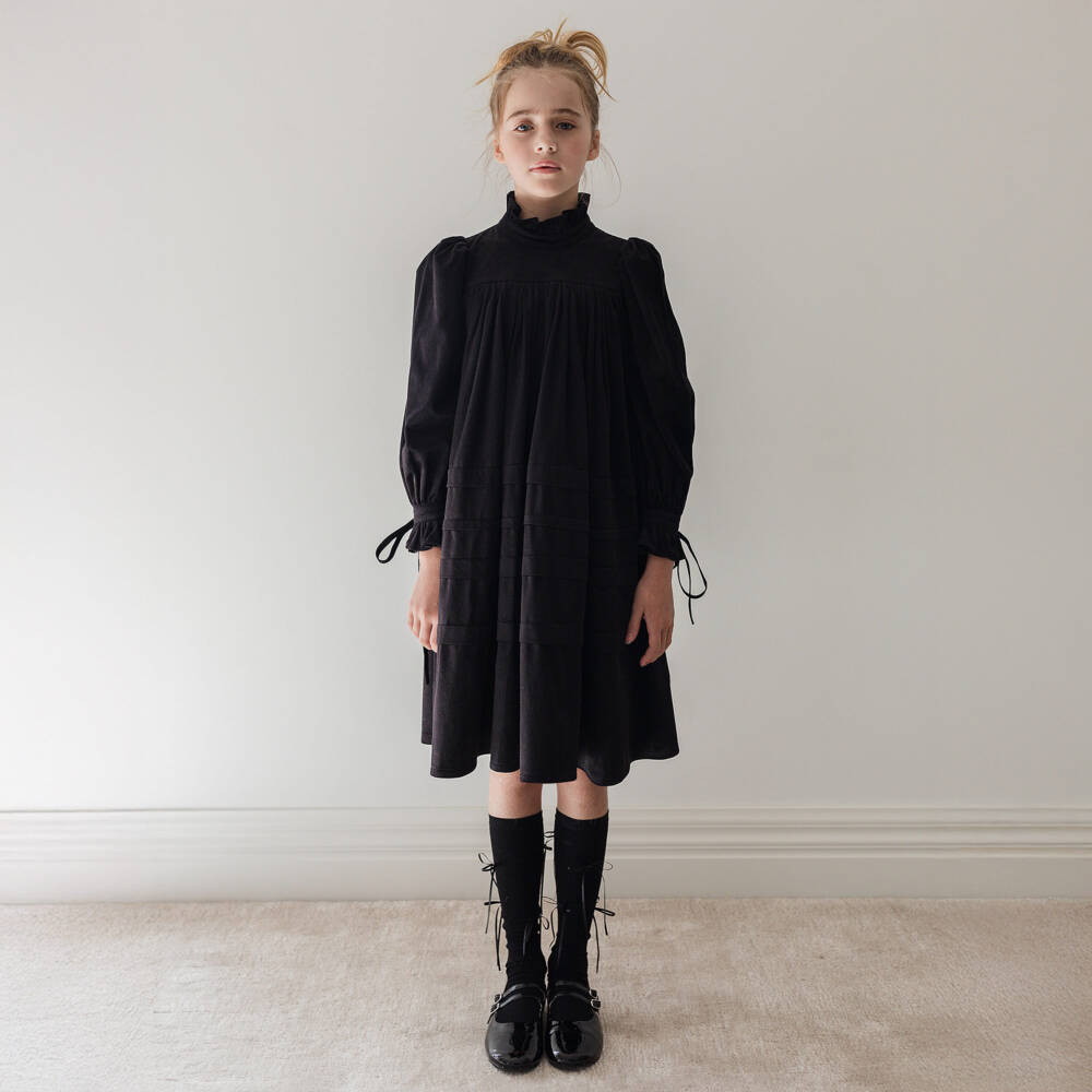 Petite Amalie-Girls Black Needlecord Long Sleeve Dress | Childrensalon Outlet