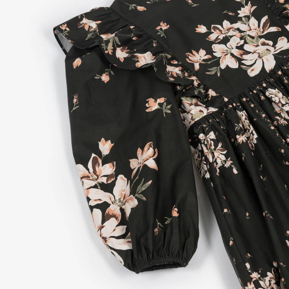 Petite Amalie-فستان بناتي أسود مزين بالزهور من القطن النقي | Childrensalon Outlet