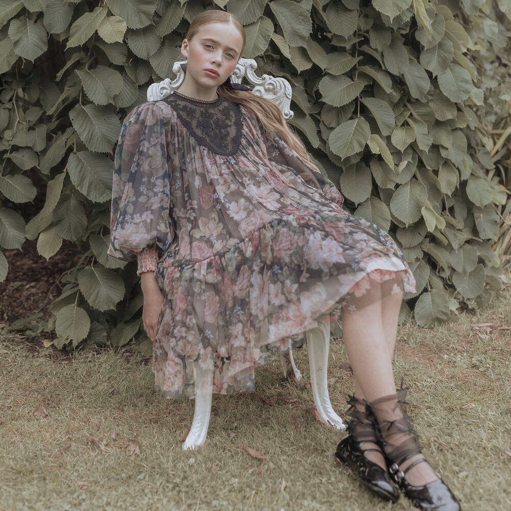 Petite Amalie-Girls Black & Pink Floral Chiffon Dress | Childrensalon Outlet