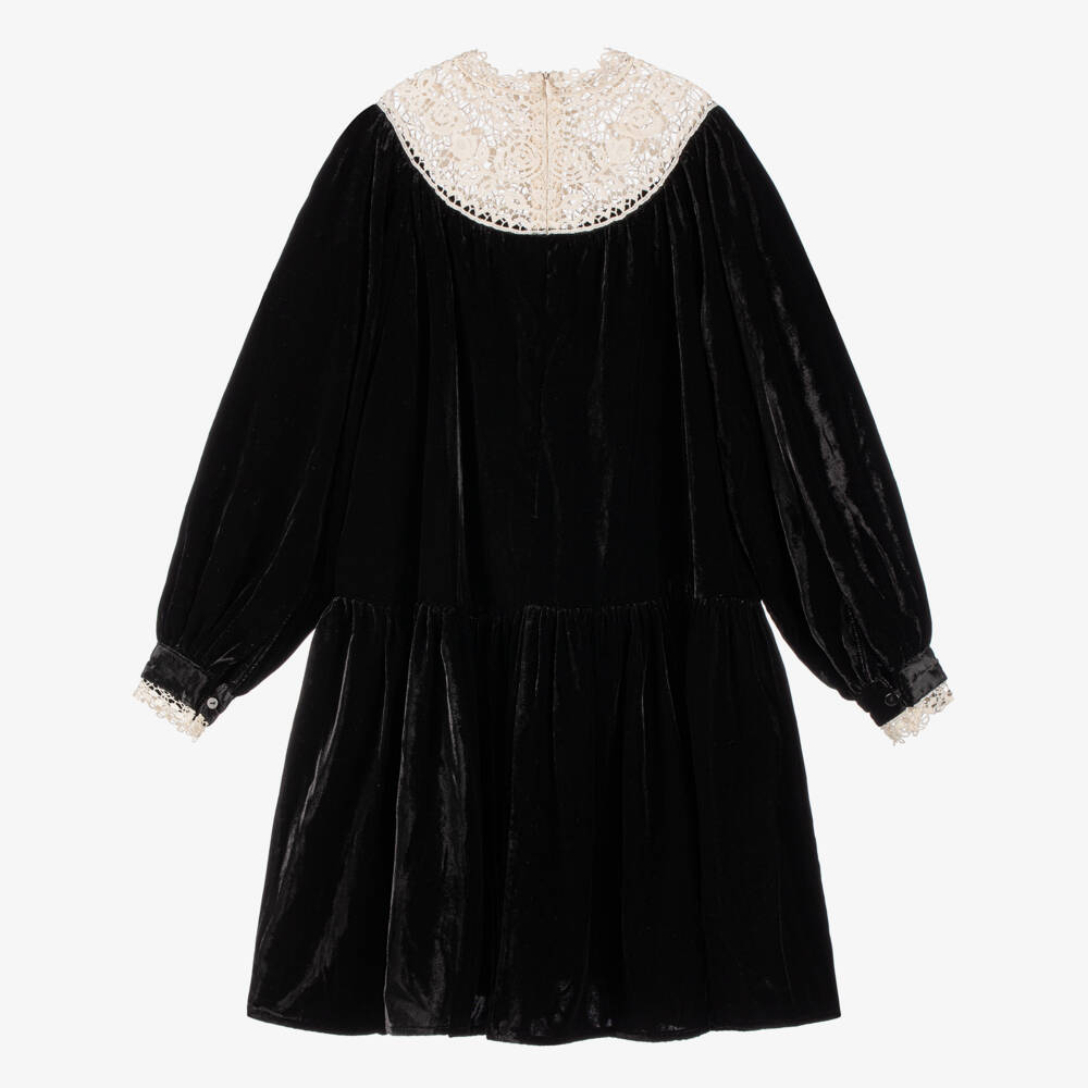 Petite Amalie-Girls Black Velour Dress with Ivory Lace Panel | Childrensalon Outlet