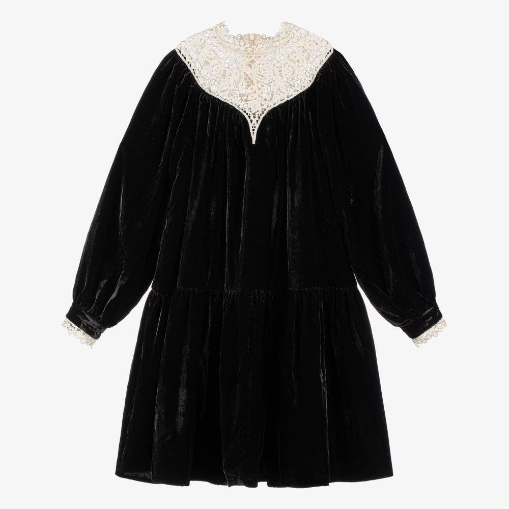 Petite Amalie-Girls Black Velour Dress with Ivory Lace Panel | Childrensalon Outlet