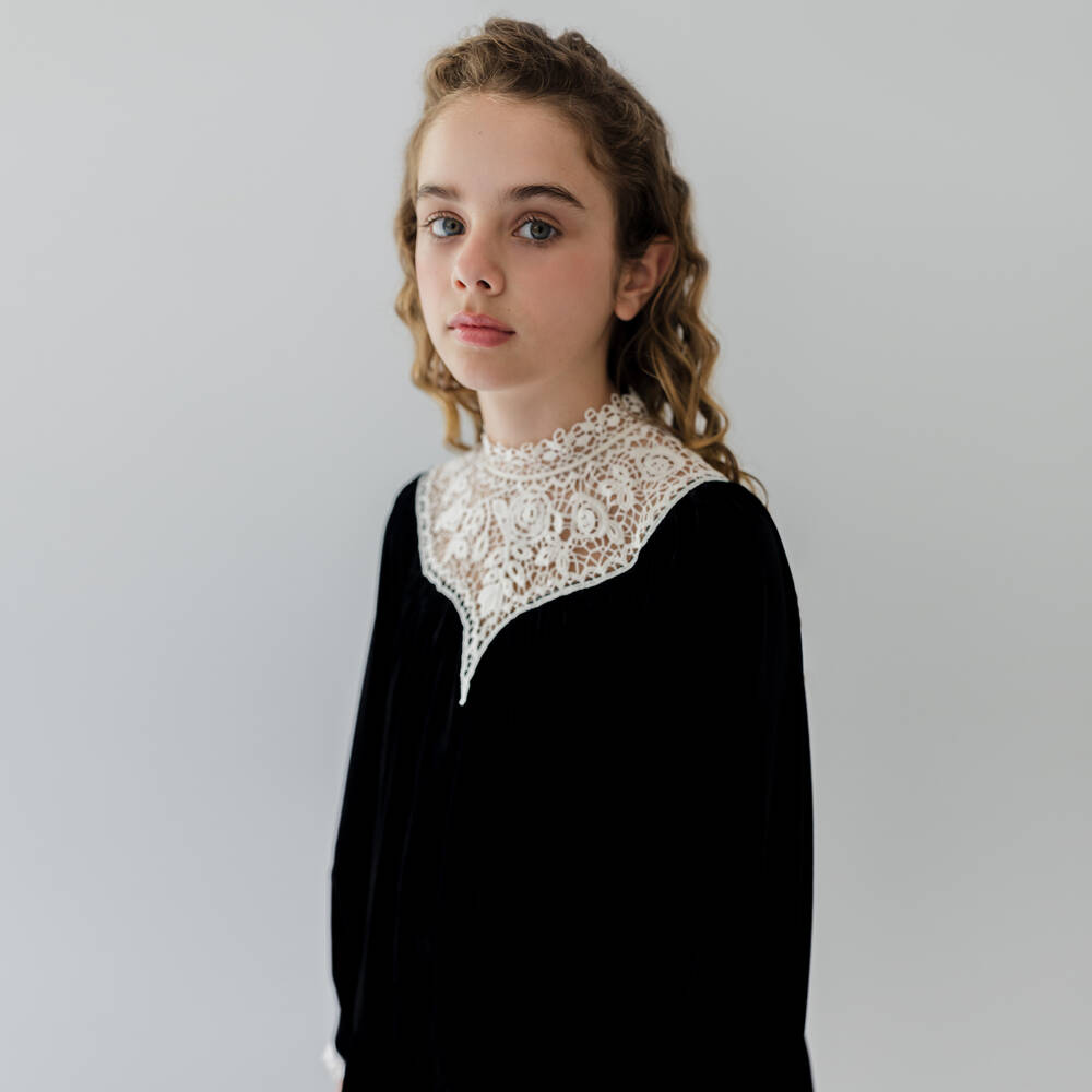 Petite Amalie-Girls Black Velour Dress with Ivory Lace Panel | Childrensalon Outlet