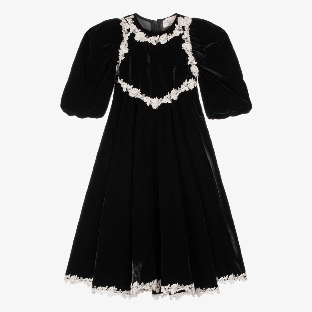 Petite Amalie-Girls Black Velvet Dress with White Lace Trim | Childrensalon Outlet