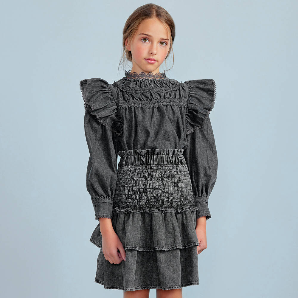 Petite Amalie-Girls Black Washed Denim Blouse | Childrensalon Outlet